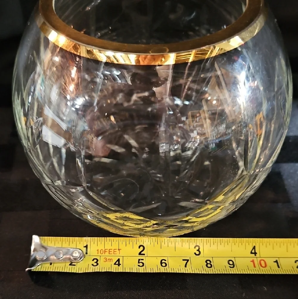 Vintage Hand-Cut Crystal Rose Bowl Vase with Gold Rim